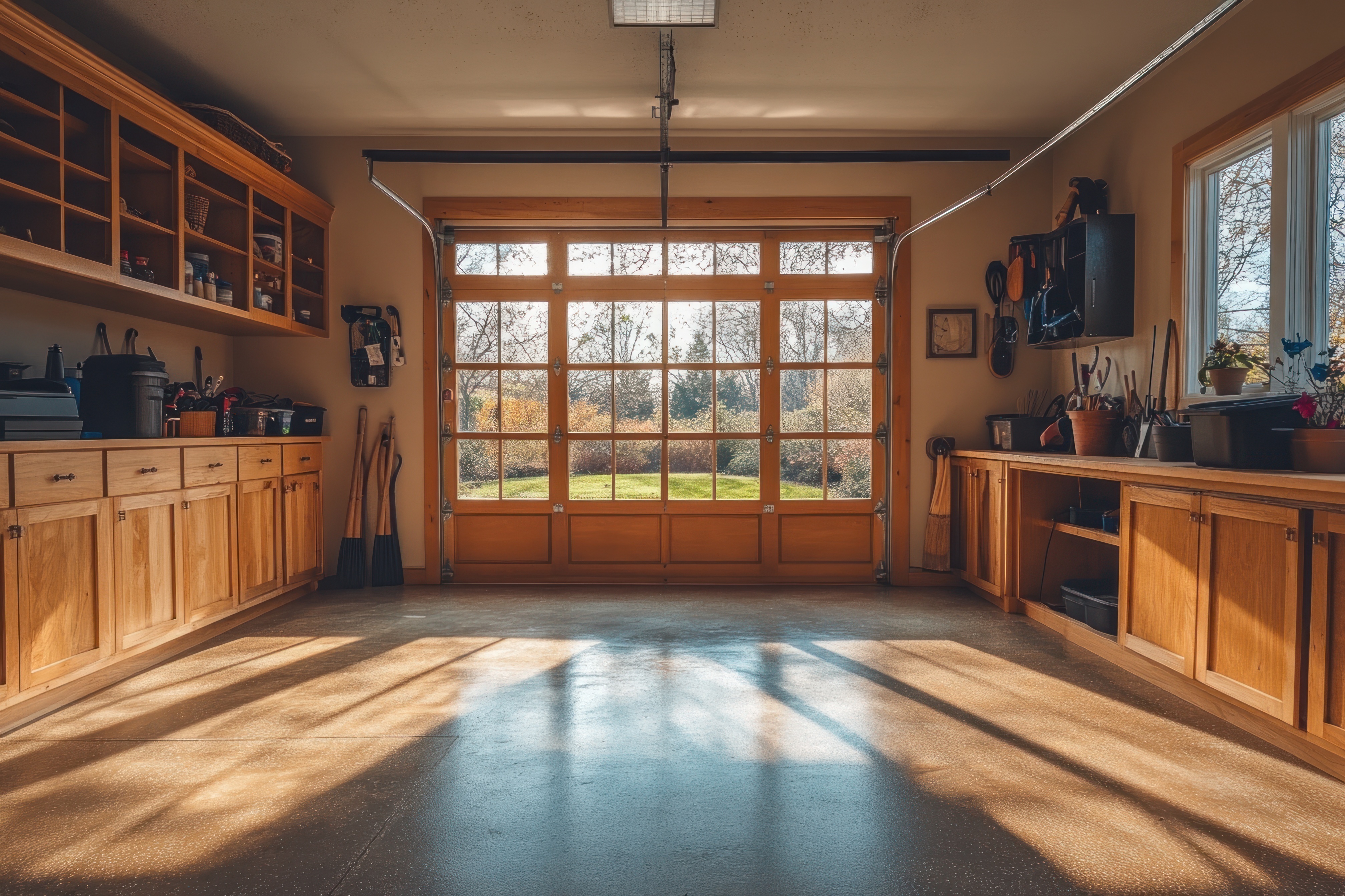 unfinished oak cabinets in garage